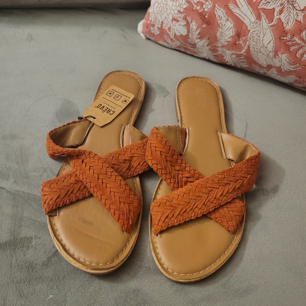 Crevo Braided Cross-Strap Slide Sandals in Rust Orange